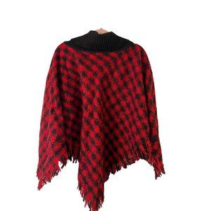 Talbots Poncho Women's L Red Plaid Frayed Hem Turtleneck Pullover 7146 Holiday